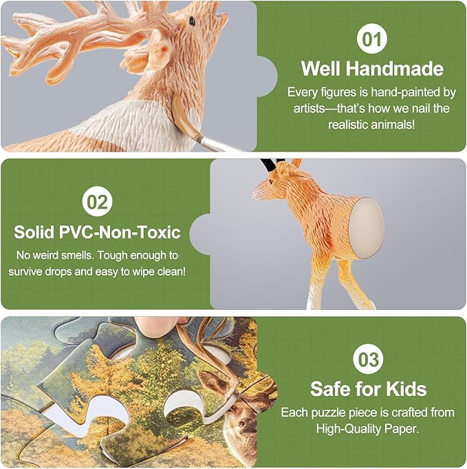 North American Animals Figurines Toys, 16PCS Realistic Safari Animals Figures & 67PCS 20" Large Woodland Jigsaw Puzzles Toys for Preschool Kids Toddlers, Ideal Gift for Toddler