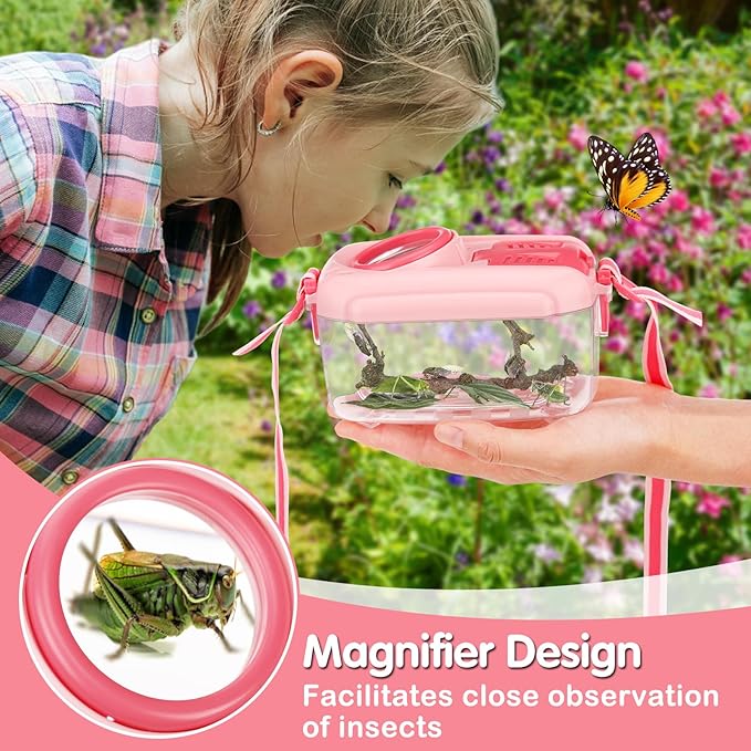 2Sets Bug Catcher for Kids- Sturdy Kids Bug Catching Kit Gifts with Collector Butterfly Net Tweezer, Bugs Habitat Outdoor Explorer Kit for Age 3 4 5 6 7 8, 8Pcs, Pink