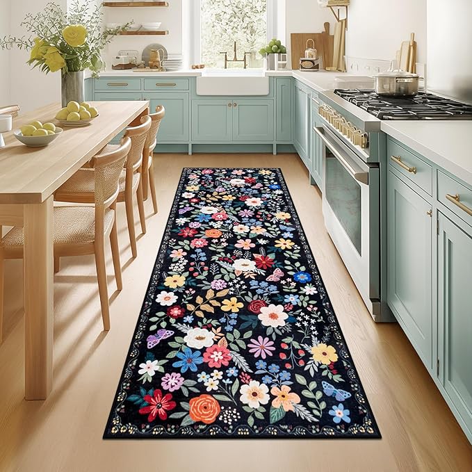 Runner Rug for Entryway: 2x10 Kitchen Rugs Non Slip Washable Ultra-Thin Soft Floral Carpet Indoor Floor Stain Resistant Carpets for Hallway Bedroom Kitchen Laundry Bathroom Dorm Black