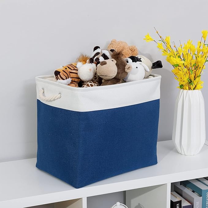 Bidtakay Large Canvas Organization Bins Set of 2 Navy Blue Rectangular Baskets 17x12x15 in for Blankets, Clothes, Towels, Dog Toys Storage