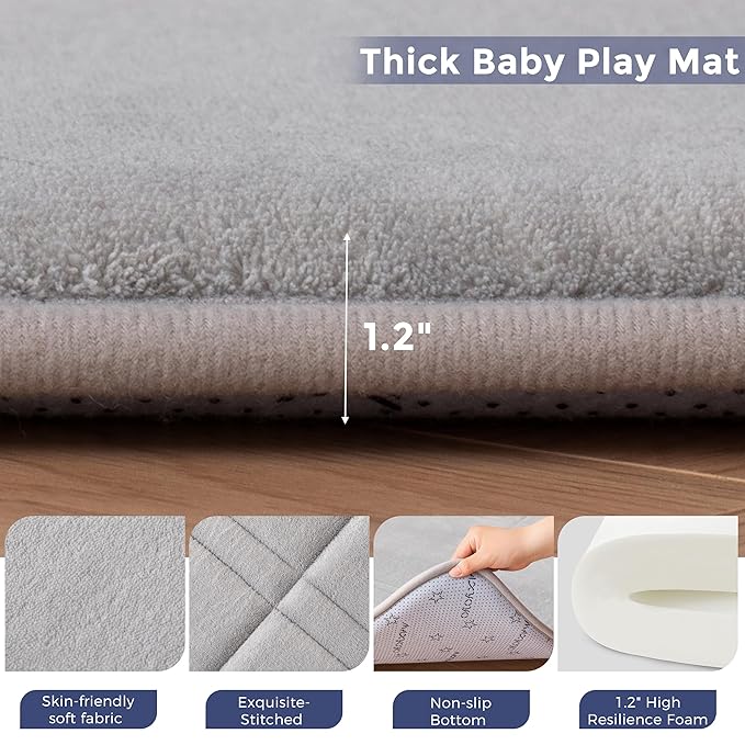 MAXYOYO 1.2" Thick Baby Play Mat for Floor, 49"x 49" Foldable Playpen Mat, Tummy Time Foam Mats Ultra Soft Support, Padded Carpet with Non-Slip Backing for Infant,Kids and Toddler Crawling, Grey