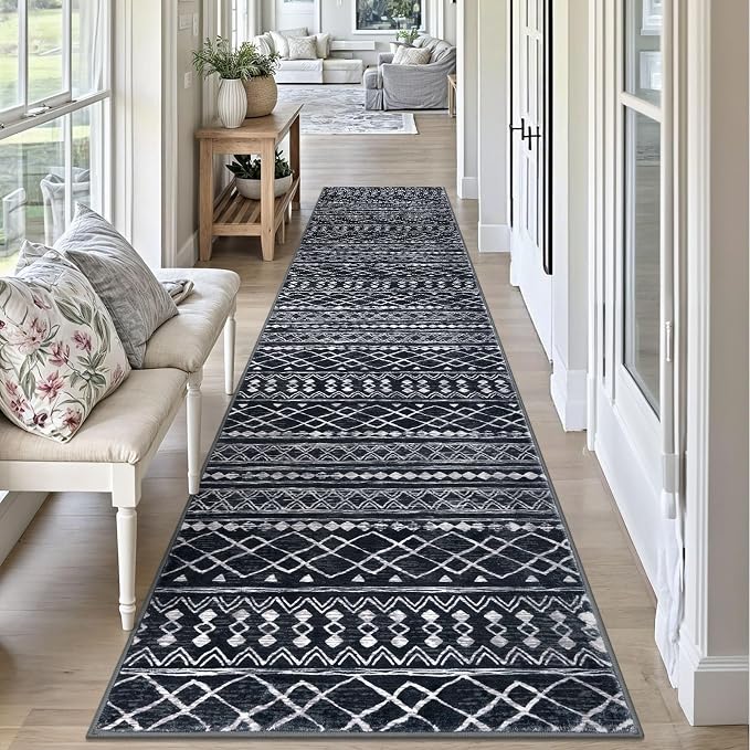KUTA Moroccan Boho Runner Rug 2.6x10 Non-Slip Vintage Black Washable Hallway