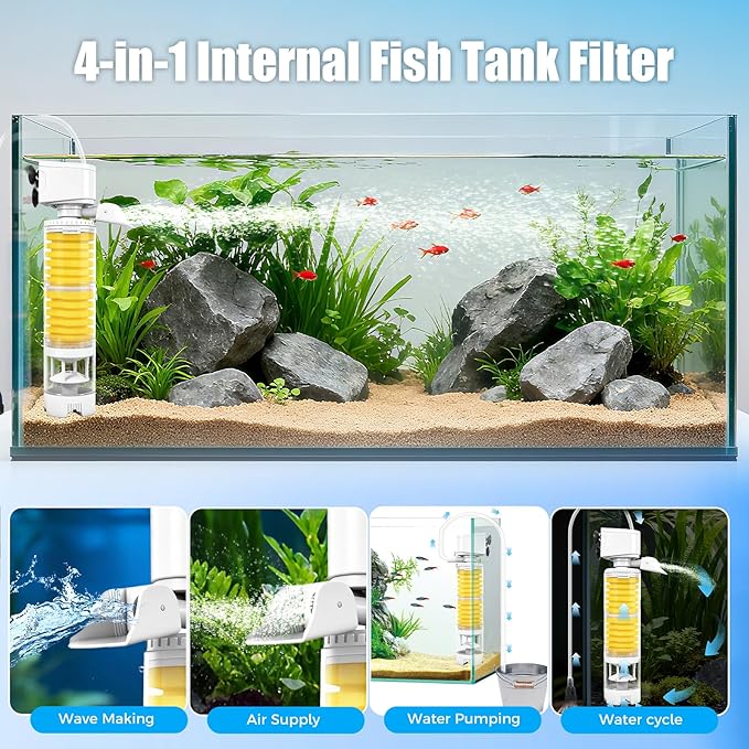Fish Tank Filters, 4-in-1 Aquarium Filter for Multi-Layer Filtration, Adjustable Oxygenation & Wavemaker, Ultra-Quiet Water Circulation for 40-70 Gallon Aquariums, 225GPH