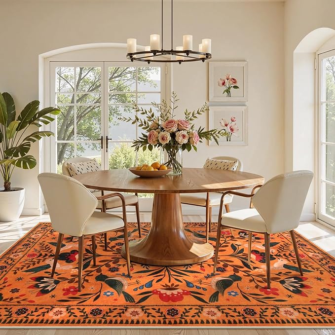 Moynesa Washable Rugs 8x10, Ultra Thin Boho Bird Living Room Area Rug Stain Resistance, Indoor Soft Orange Floral Large Easy Clean Carpet for Bedroom Dining Room Under Table Kid Playroom