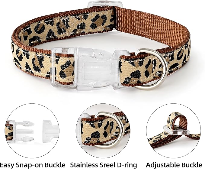 Mile High Life Leopard Dog Harness Collar Leash Set, Adjustable No Pull Dog Halter Harness for Small Breed Dogs, Easy Control for Training Walking (Brown, M Chest 15"-21", Neck 13"-17")