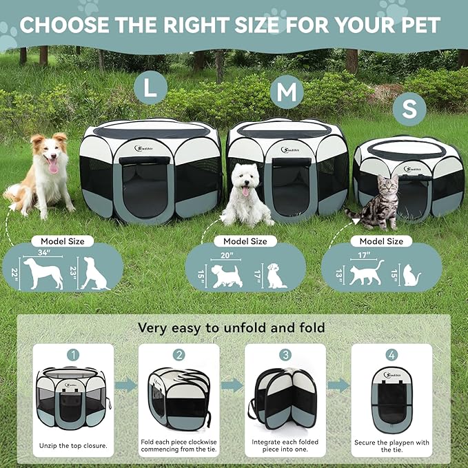 Dog Playpen, Puppy Pet Playpen, Medium Dogs Tent Crates Cage Indoor/Outdoor, Portable Pop Up Dog Kennel Playpen with Carrying Case for Dogs/Cats/Rabbits, Removable Zipper Top, Grey