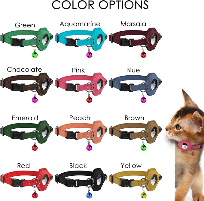 Breakaway Airtag Cat Collar with Removable Bell - Leather Pet Collar with Apple Air Tag Holder - Adjustable GPS Collars for Girl Boy Cats Kitten Puppy - Lightweight, Cute and Comfortable (Aquamarine)