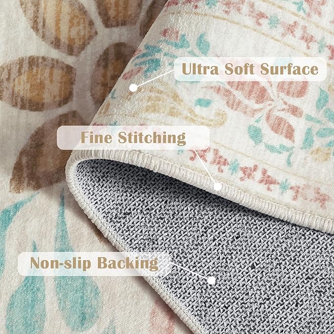 jinchan Vintage Floral Runner Rug 2x6 - Machine Washable Distressed Design Non-Slip Low-Pile Soft Thin Carpet for Hallway Kitchen Farmhouse Bedroom Entryway Laundry Room (2x6ft,Apricot Multi)