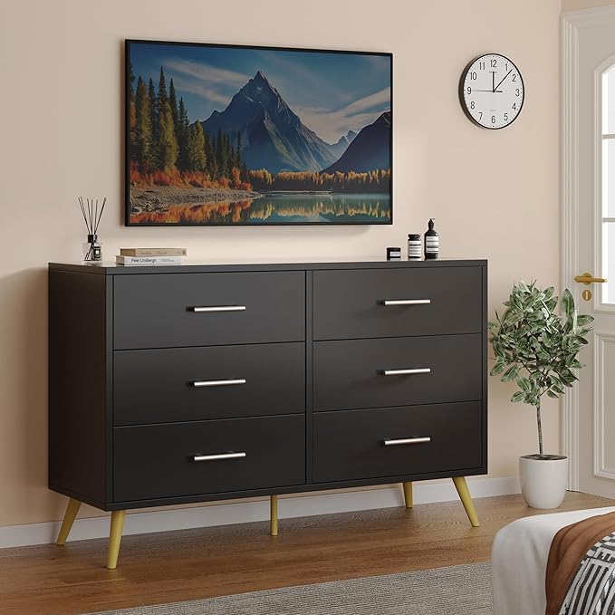 Shintenchi 6 Drawer Dresser, Wide Chest of Drawers Organizer Storage with Drawers, Large Storage Cabinet, Modern Design Dresser for Bedroom, Living Room, Porch, Black