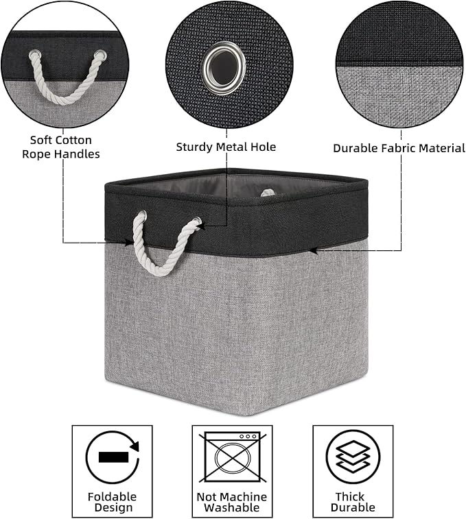 Bidtakay Fabric Cube Storage Bins for Organizing 13x13 Large Storage Baskets Decorative Storage Bins for Home Storage Set of 3 Shelf Organizer Bins for Toy Storage (Black&grey)