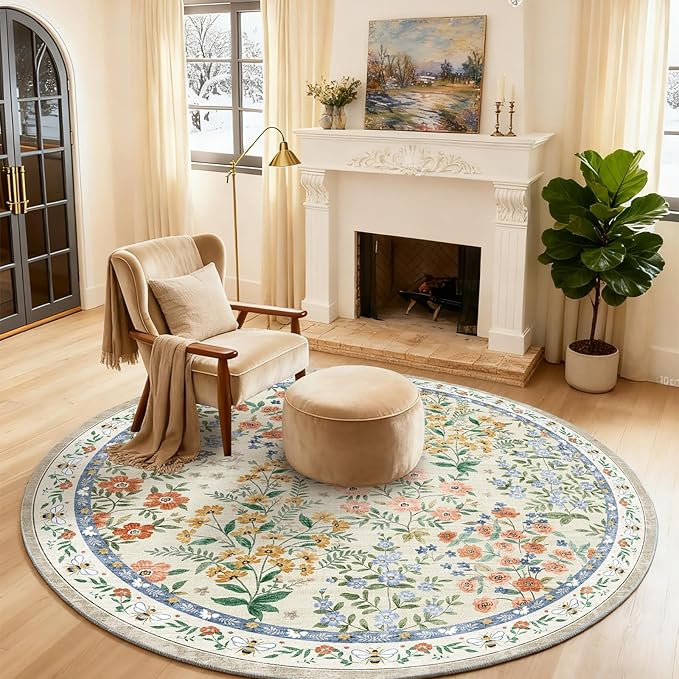 Washable Round Rugs for Bedroom 4ft: Living Room Rug Stain Resistant Non Slip