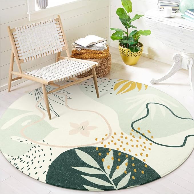 Lahome Boho Round Rugs - 4Ft Washable Non-Slip Small Round Area Rug Throw Soft Cute Round Nursery Rug Non-Shed Lightweight Bathroom Rug, Green Botanical Print Circle Rug for Bedroom Dorm Kids Room