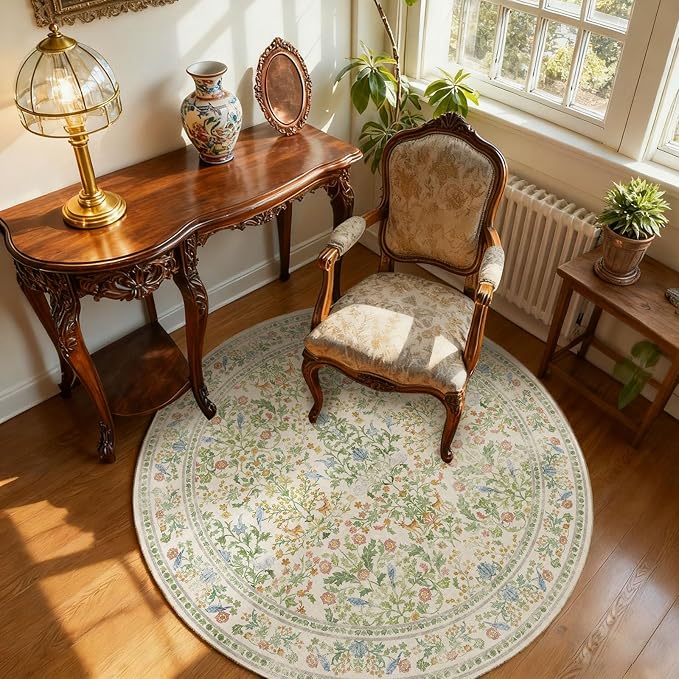 Washable Round Rugs for Bedroom 4ft: Living Room Rug Stain Resistant Non Slip