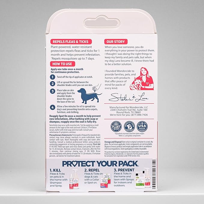 Wondercide - Flea & Tick Dog Spot On - Flea, Tick, and Mosquito Repellent, Prevention for Dogs with Natural Essential Oils - Up to 3 Months Protection - Small 3 Tubes of 0.05 oz