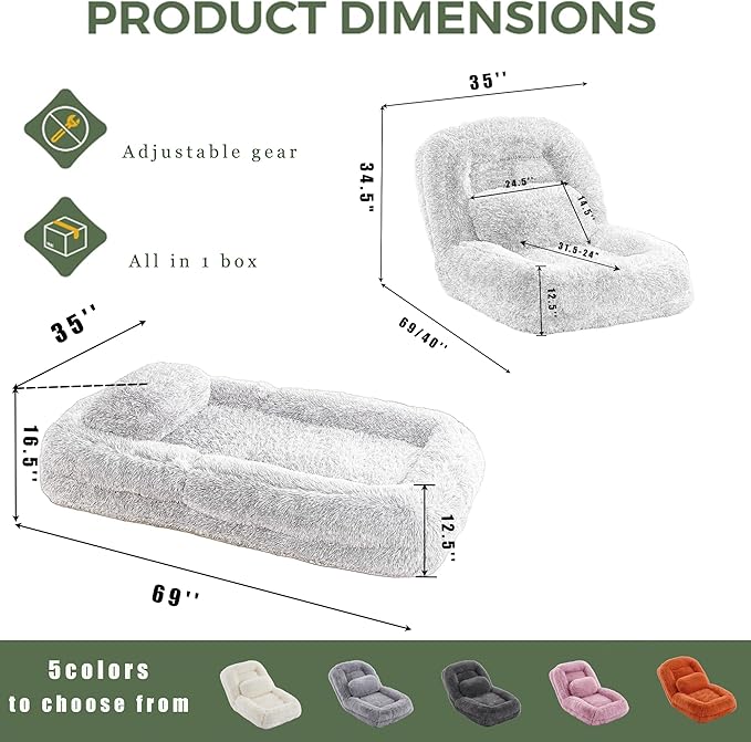 Adjustable 5-Position Human Dog Bed for People, Big Comfy Plush Floor Gaming Lazy Sofa Chair with Pillows & Back Support, Foldable Lounge Loveseat Couch for Living Room Bedroom (Orange)