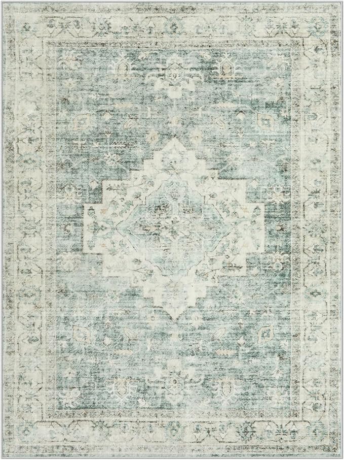 LIVEBOX Washable Area Rug 9x12 Rugs for Living Room Bedroom, Non-Slip Boho Indoor Carpet for Dining Room Office, Low-Pile Farmhouse Soft Carpets for Kids Nursery Playroom, Sage Green