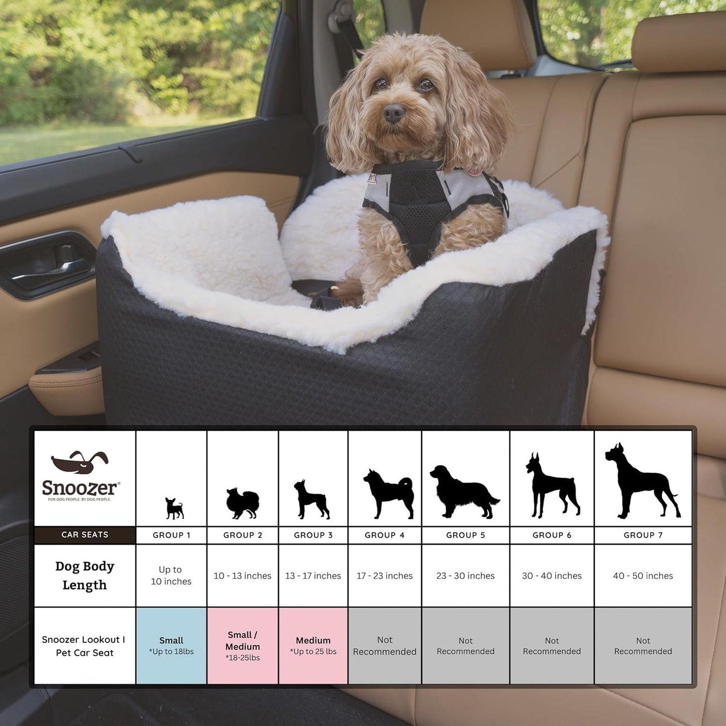 Snoozer Lookout I Dog Car Seat - Small Dog & Puppy Car Seat, Booster Bed for Small & Medium Size Pets up to 25 Lbs, Elevated, Washable - Medium