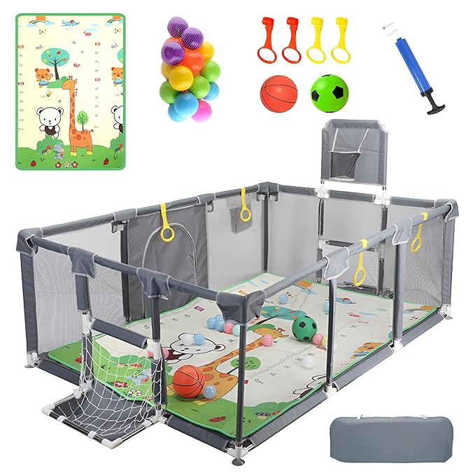 Upgrated Baby Playpen with Mat, Playpen for Babies and Toddlers, Large Playpen with Mat, Sport Playpen, Play Pen with Accessories, Baby Fence, PlayPen Indoor & Outdoor Activity, Sturdy Kids