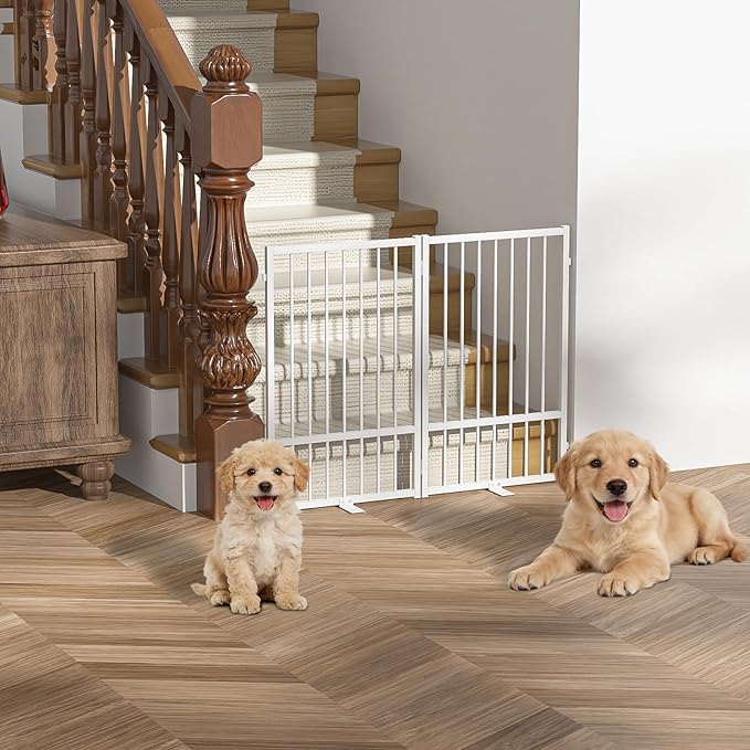 Full Metal Freestanding Dog Gate with Door, 32''Height Foldable Pet Dog Fence for Indoor & Outdoor, 2 Panels Extra Wide Free Standing TallDog Gates for Doorways,House,Stairs,Porch,Deck,Yard