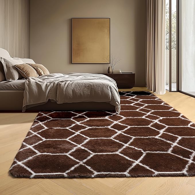 ONASAR 5x7 Area Rugs for Living Room Bedroom, Washable Fluffy Brown and White Throw Rug, Geometric Boho Soft Plush Shaggy Floor Bedside Carpet Mat for Nursery Kids Girls Boys Teen Dorm Home Decor