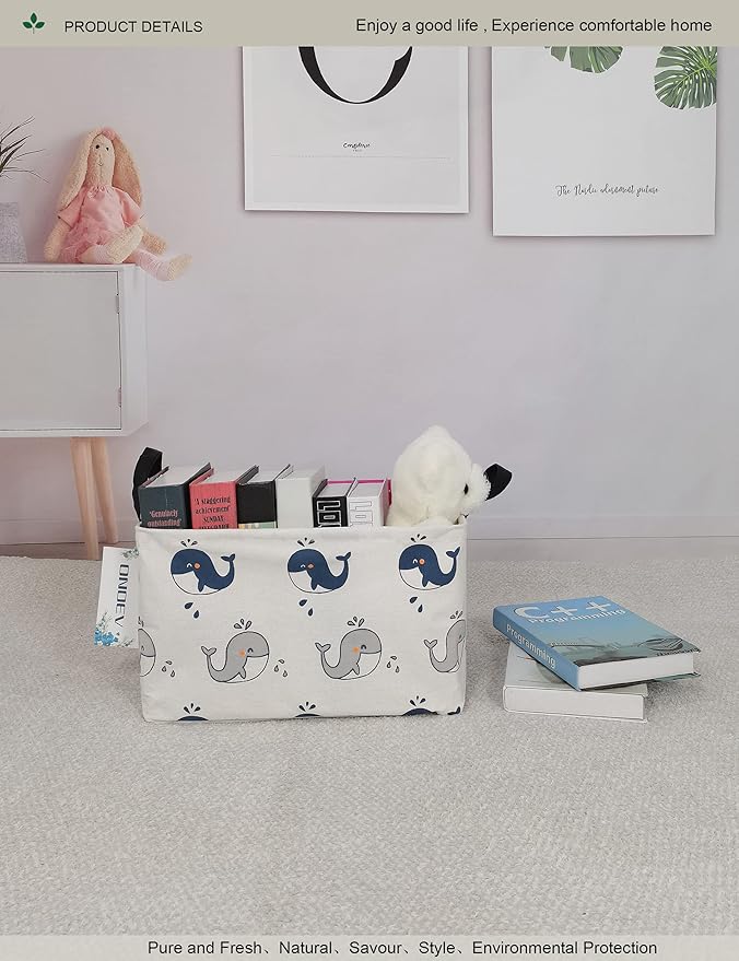 Rectangular Folding Laundry Basket,Canvas Basket,Nersury Hamper,Suitable for Children,Office,Bedroom,Clothes,Toys Storage (REC whale), 14.9’’L ×10.2’’W×9.05’’H inches