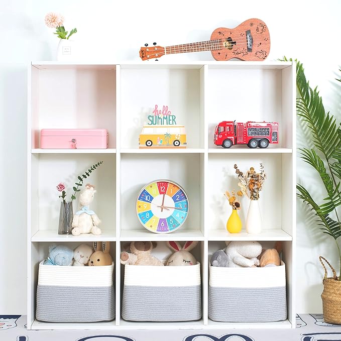 MINTWOOD Design 3-Pack Storage Baskets for Shelves, Playroom and Classroom, Book Basket, Decorative Storage Cube Bins, Woven Closet Organizers, Pantry and Shoe Organizer, Grey