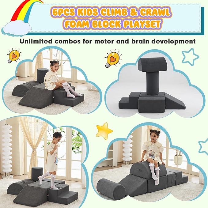 jela Foam Blocks 6Pcs Soft Play Equipment Luxury Miss Fabric, Toddler Climbing Toys Indoor Soft Play Climbing for Toddlers, Lightweight Climbing Blocks for Babies, Kids, Climb and Crawl Foam Playset