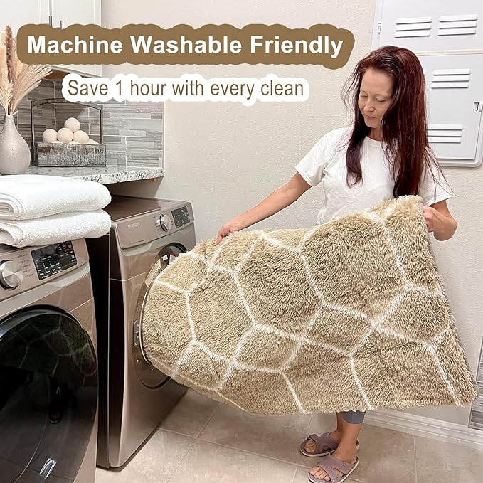 ONASAR Large Area Rugs for Living Room, Fluffy 7x10 Beige and White Thick Floor Rug for Bedroom Home Decor Aesthetic, Soft Fuzzy Shaggy Plush Geometric Carpet for Kids Teen Dorm Classroom Office