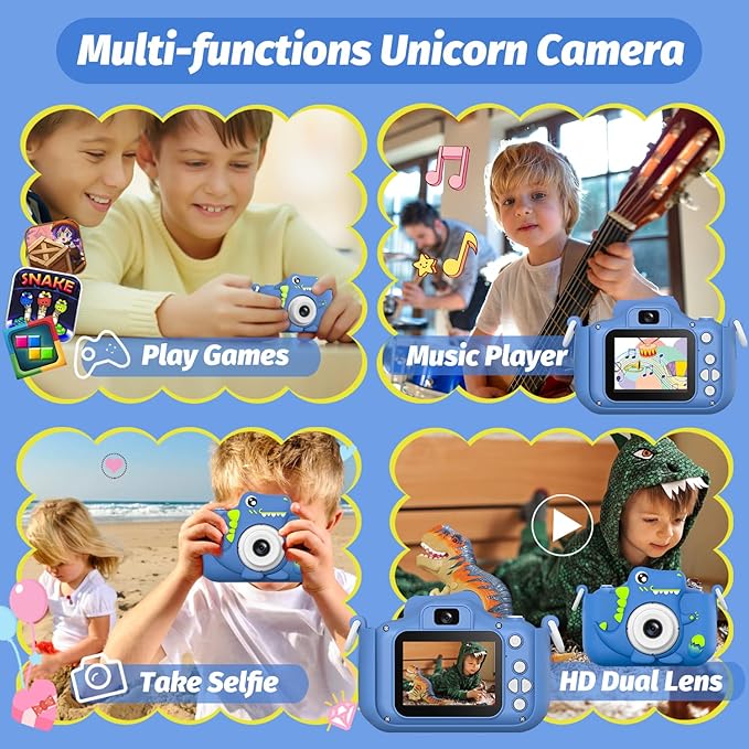 Upgrade Dinosaur Kids Camera, Christmas Birthday Gifts for Girls Boys 3-12, 1080P HD Selfie Digital Video Camera for Toddlers, Cute Portable Little Girls Boys Gifts Toys for 3 4 5 6 7 8 9 Years Old