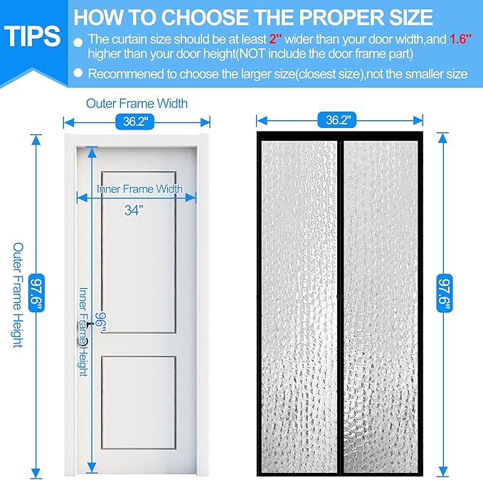 RELIANCER Magnetic Thermal Insulated Door Curtain,Waterproof EVA Door Cover,Fit Doors Size 34"x96",Temperature Protection Insulated Doorway Curtain Partition,Patio Self-Closing Doors Net Screen