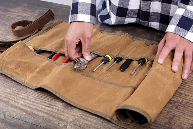 Denifiter 20+4 Pockets Roll Up Pouch, Hand Tool Roll Bag, Durable 16OZ Waxed Canvas Wrench Roll for Metric or SAE (Khaki)