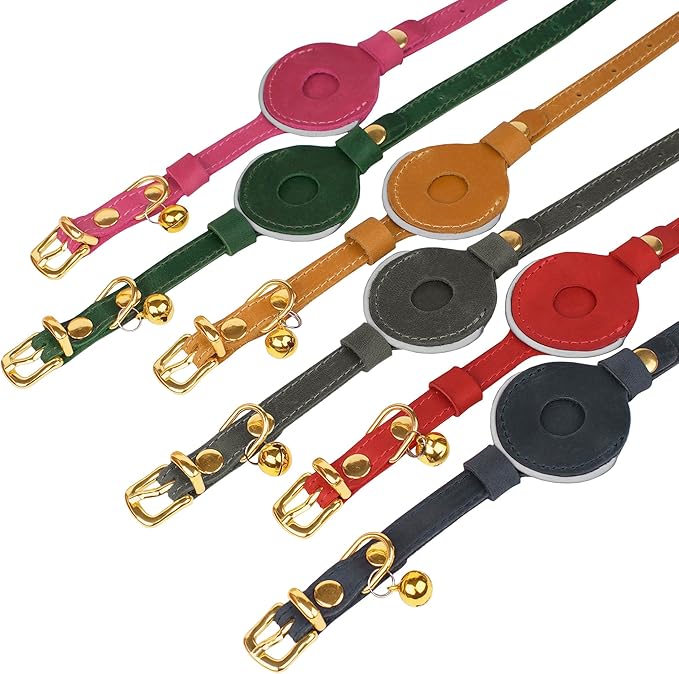 OOPSDOGGY Reflective Leather AirTag Cat Collar with Bell - Non Breakaway Adjustable Pet Collar with Apple Air Tag Holder - Lightweight GPS Kitten Collars for Small Dogs Puppy (Fuchsia)