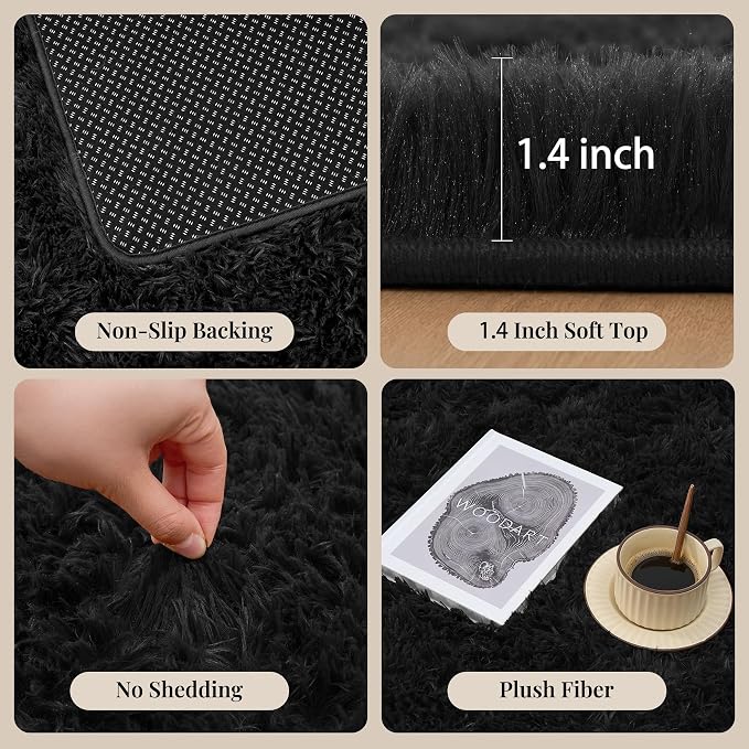 Area Rug for Living Room Bedroom: 6x9 Black Soft Fluffy Shag Upgrade Non-Slip