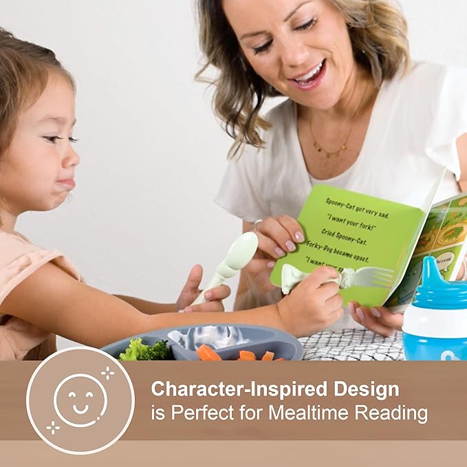 Made in USA Spoon la la Toddler Utensils Set (2 Pack) & Board Book - Spoon & Fork for Kids, Self-Standing 3D Ergonomic Cat & Dog Handles, BPA-free, Dishwasher Safe Baby Silverware (Mint Green)