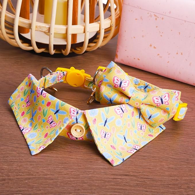 Cat Collar Breakaway with Bells, Gold Butterfly, 2 Pack Soft Butterfly Kitten Collar with Removable Shirt Collar, 8-12Inch