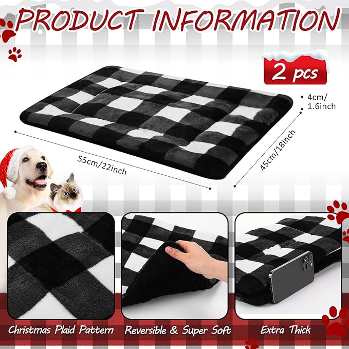 VitalCozy 2 Pack Self Warming Cat Mat Self Heating Pad Bed Reversible Machine Washable Reflects Body Heat Warm Thermal Pet Pad Crate Blanket for Feral and Indoor Cat (Black, White,22'' X 18'',Plaid)