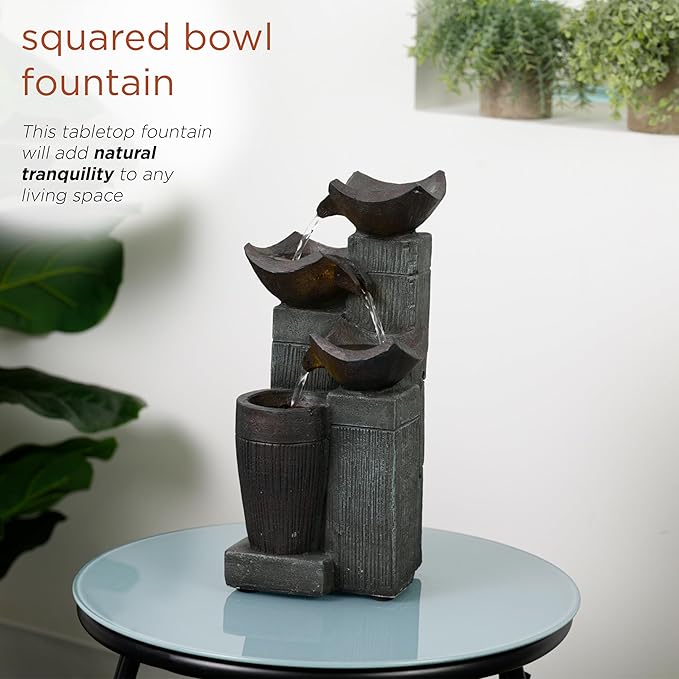 Alpine Corporation TZL414 14" 4 Tier Squared Bowls Fountain with LED Lights, Elegant Tabletop Water Feature for Home, Office, Living Room, Bedroom & Desk Decor, Gray