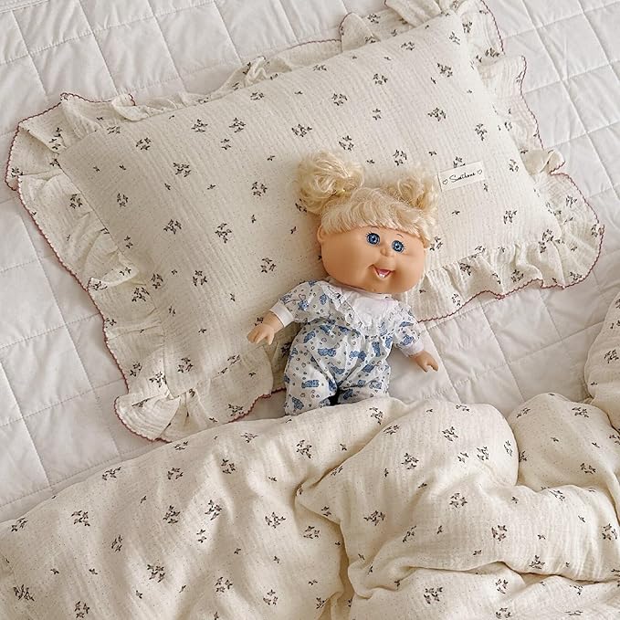 BuLuTu Cotton Muslin Kids Toddler Pillowcase with Ruffles, Chic Shabby Floral Pillow Cases, Girls Pillow Covers Fit 12"x16"/13"x18"/14"x19" Kids Pillow, Envelope Closure, Primrose Pattern, 1 Pack