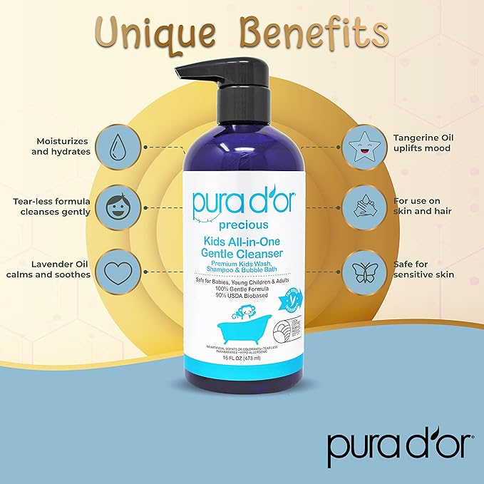 PURA D'OR Kids Wash (16oz x 2 = 32oz) All-in-One Gentle Cleanser - USDA Biobased, Sulfate-Free, Tear-Less, Hypoallergenic, Premium, Shampoo & Bubble Bath