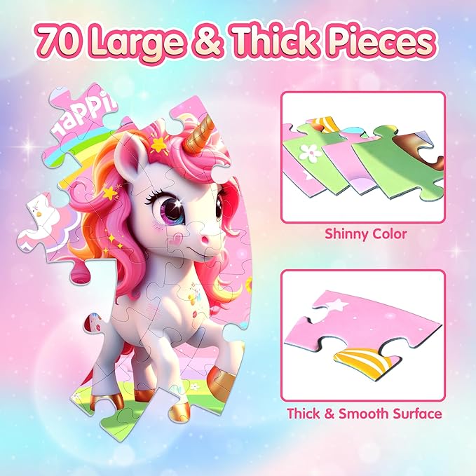 ZIZZ Unicorn Toy for Girls Kids - Best 70 Pieces Unicorn Floor Puzzle for Kids Age 3 4 5 6 7 8 Years Old Girls Learning & Educational Games Toys Toddlers Gifts for Birthday Christmas Party Activity