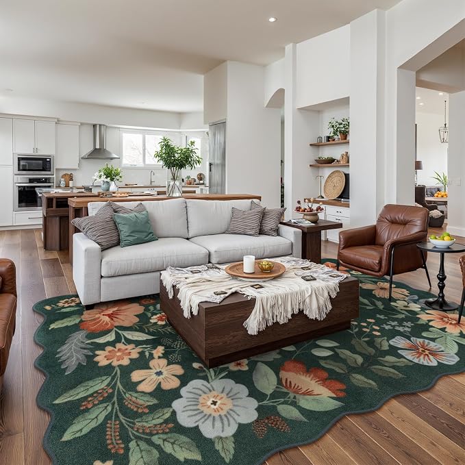 Lahome Floral Washable Living Room Rugs, 5x7 Green Area Rugs