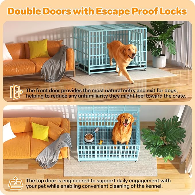 48 Inch Heavy Duty Dog Crate, Indestructible Escape-Proof Dog Kennel for High Anxiety Large Dogs, Strong Metal Pet Cage with Double Doors, Lockable Wheels & Removable Tray, XL XXL XXXL