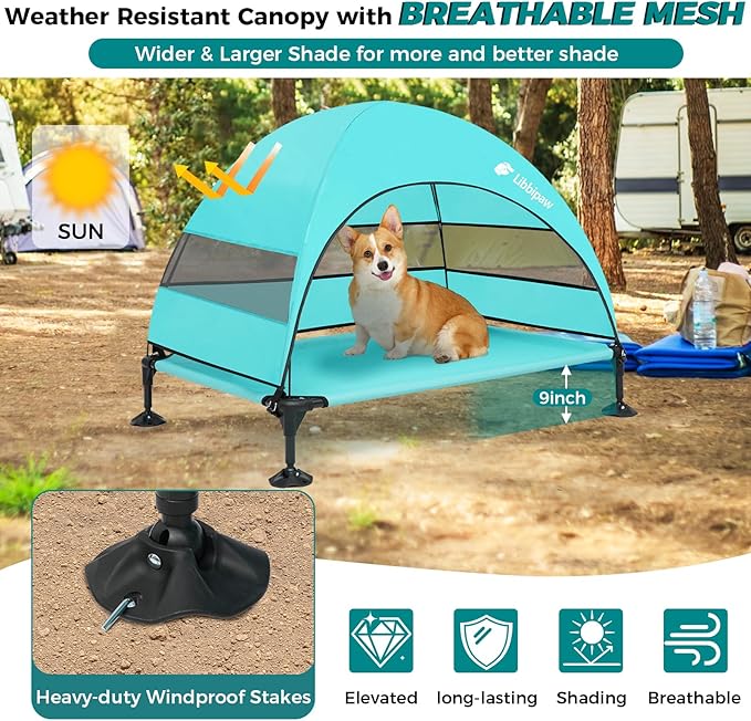 Windproof Elevated Dog Bed with Canopy & Stakes, 3-Sided 90% UV Block, Chew-Proof Teslin Mesh Mat for Large Dogs up to 150lbs(Blue Large)