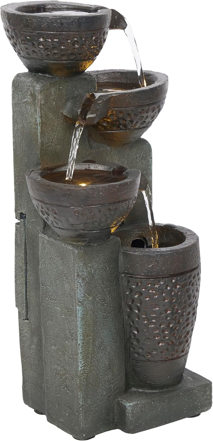 Alpine Corporation TZL412 14" Stoned Jar Cascading Water Fountain with LED Lights – Elegant Tabletop Water Feature for Home, Office, Living Room, Bedroom, and Desk Décor, Gray