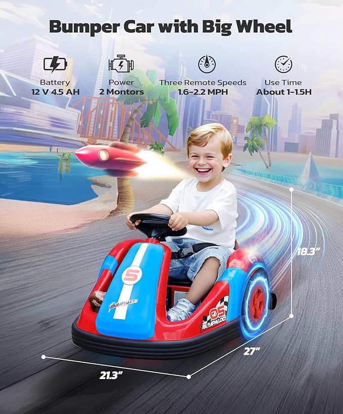 ELEMARA Bumper Cars for Kids with Big Wheels, 2.2 Mph, 12v Electric Ride On Toys with Remote Control, 360 Degree-Spin Bumper Car for Toddlers with DIY Stickers, Bluetooth, Music, LED Light, Red