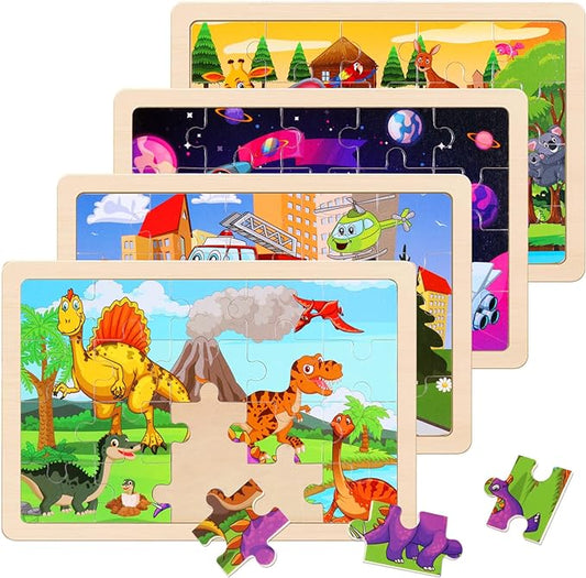 Wooden Puzzles Toys for Kids Ages 3-5, Set of 4 Packs Dinosaur, Space, Transportation Wood Toddler Puzzles, Preschool Brain Teaser Toys for Boys and Girls 2 3 4 5 6 Years Old