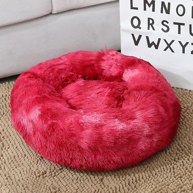 Calming Dog Bed for Small Dogs, Calming Donut Cuddler Pet Bed Anti Anxiety Round Dog Bed Fluffy Plush Faux Fur Cat Bed,Wine red,23.6IN