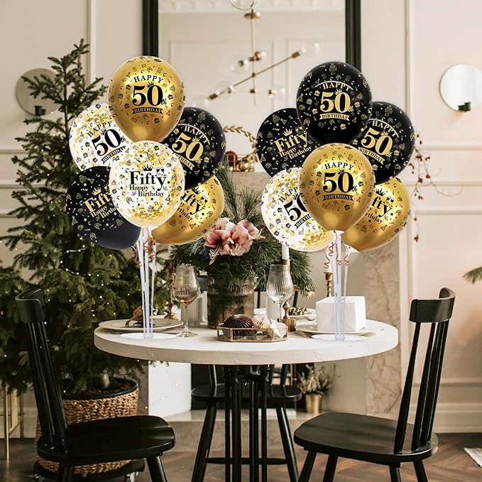 TONIFUL 4 Set Black Gold Balloon Stand Kit for Birthday Decorations for 50th,Balloon Centerpieces for Table Party Decorations Cheers to 50 Years Old Birthday for Men and Women