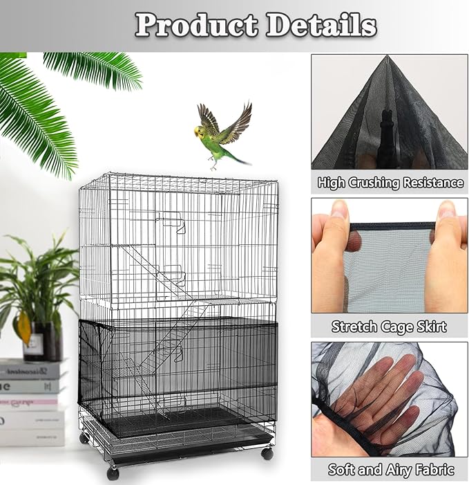 Bird Cage Seed Catcher - Adjustable Netting Cover Guard Skirt for Parrot Parakeet Macaw Round Square Cages - Black