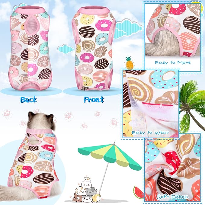 Nuanchu 3 Pieces Cat Recovery Suit Kitten Recovery Suit E-Collar Alternative for Cats and Dogs Abdominal Skin Anti Licking Pajama Clothes Sets(Watermelon Pattern,Medium)